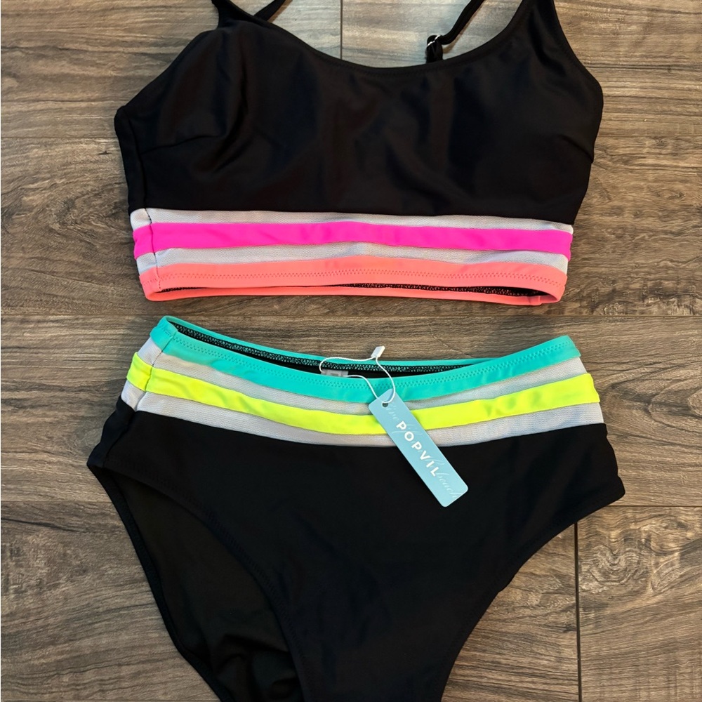 Popvil Black High-Waist Bikini Set with Neon Trim